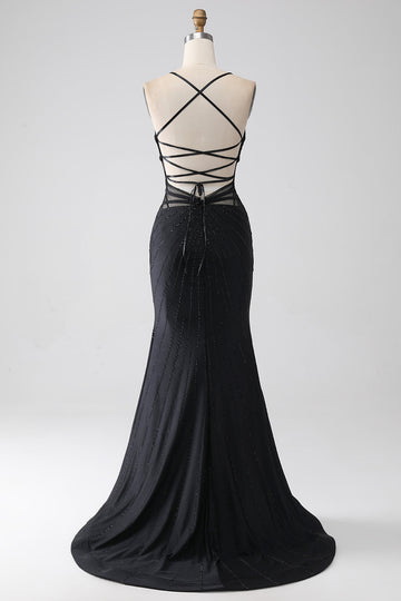 Mermaid nero Spaghetti Straps Abito lungo da ballo con spacco